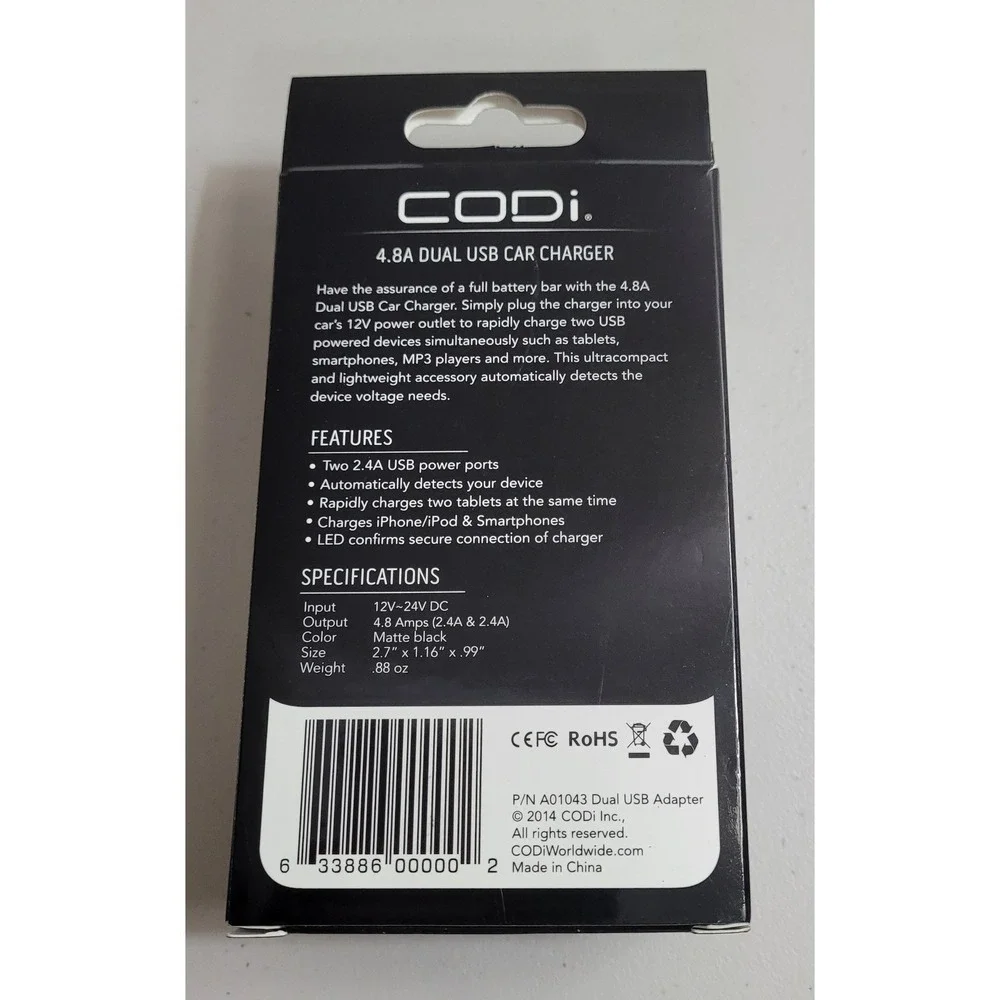 CODi 4.8A Dual USB Car Charger A01043 Matte Black New Fast Charging Adapter